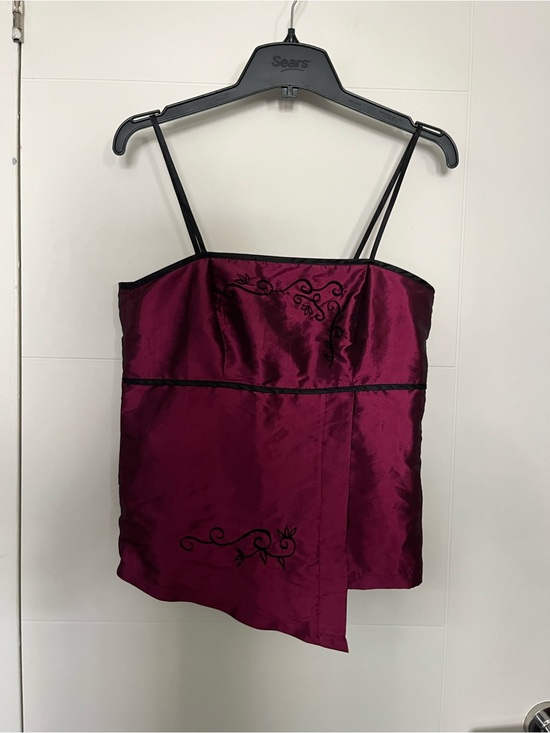 Tops - Y2K Satin Embroidered blouse top- Black Cherry